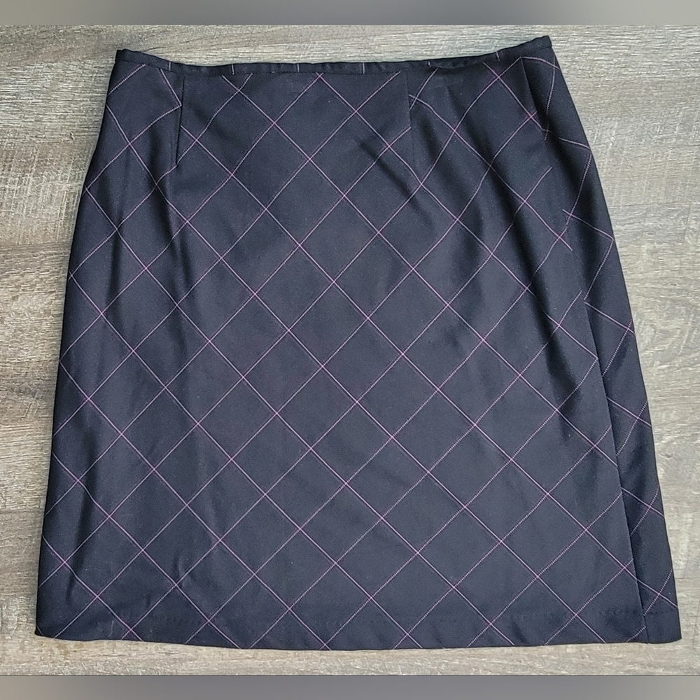 Vintage Y2K Midi Skirt Women's 16P Black w/ Pink & Purple Pin Stripe Plaid Lined - Picture 3 of 10
